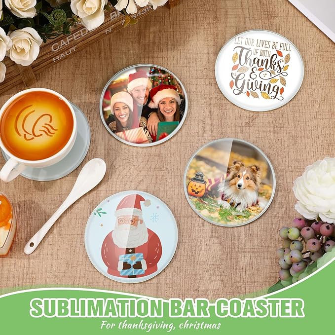 LemonRoad 12 Pcs Sublimation Blank Glass Coasters, 3.9 Inch Round DIY Photo Glass Drink Coasters with Foot Pads for Mugs, Cups, Dining Tables, Office, Kitchen, Home and Parties