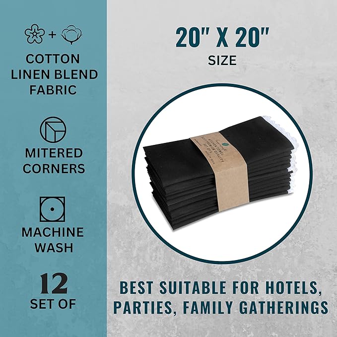 Fingercraft Dinner Cloth Napkin Cotton Linen Set of 12 Mitered Corners with Natural Elegant Lace for Everyday Use Napkins are Pre Shrunk and Good Absorbency with Lace 20x20 in Black