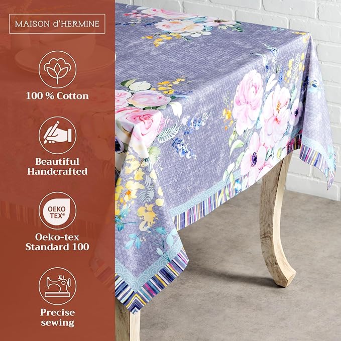 Maison d' Hermine Table Cloth Square Table 100% Cotton 54 x 54 Inches Tablecloth Reusable Decorative for Dining Room Farmhouse Home Valentines Day Decorations Spring Summer- Sweet Rose Lavender - Lush