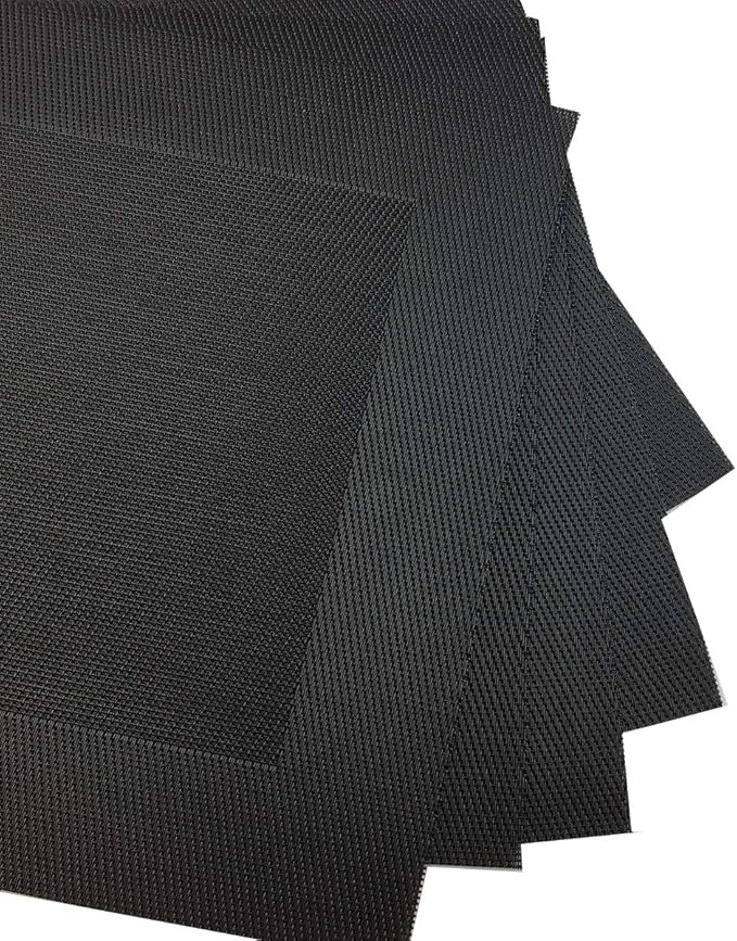 Gugrida Vinyl Black Placemats Heat Resistant Dining Table Mats Non-Slip Washable Place Mats Set of 6 （Black）