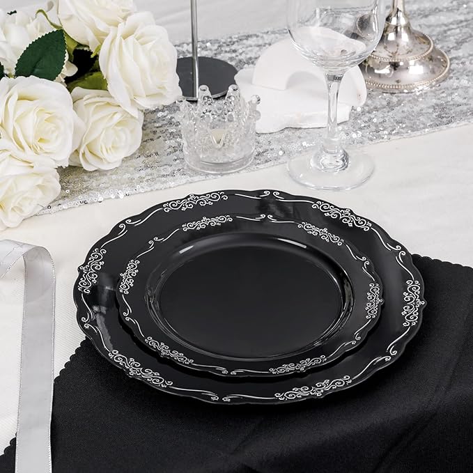 DaYammi 60PCS Black and Silver Plastic Plates, Heavy Duty Black and Silver Disposable Plates Premium 10inch Dinner Plate Hard Plastic Plate Disposable for Party and Wedding