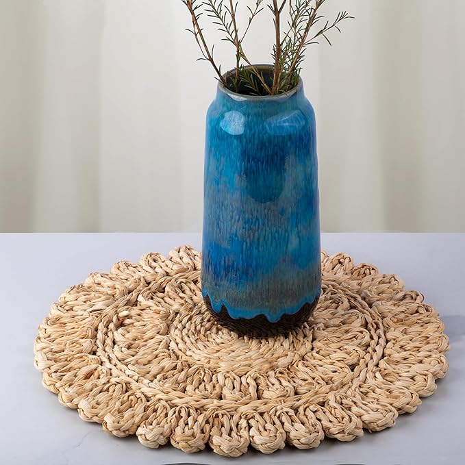 11.8" Corn Husk Woven Round Placemats Set of 6 - Wicker Boho Farmhouse Placemats - Rattan Table Mats Like Water Hyacinth for Dining Table, Wedding, Home