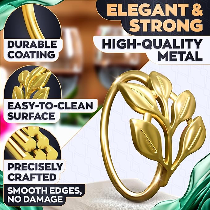 Valentine Gold Napkin Rings Set of 12 - Gold Leaf Napkin Rings Set | Elegant Design Napkin Ring Holders for Valentine Table Decorations, Festive Dinners & Special Occasions, Kitchen Gifts for Hosts