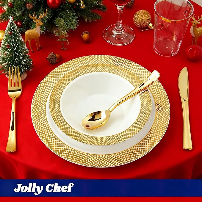 JOLLY CHEF 50 Pack Plastic Bowls with Gold Rim, 12 oz Disposable Soup Bowls, Heavy Duty Plastic Dinner Bowl for Weddings, Party, Dinners, Catering, Christmas and Everyday Use