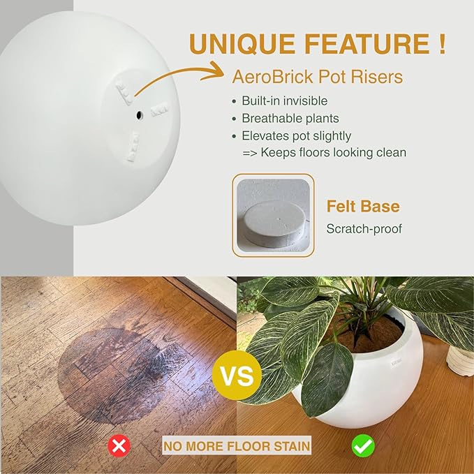 6.9" H x 19.7" D Round Bowl Fiberstone Planter for Succulent and Lotus with Drainage Hole, Smooth Finishes, Weather Resistant, Included 2 Extra Coco Mats (White, 17.9" Pot Opening)