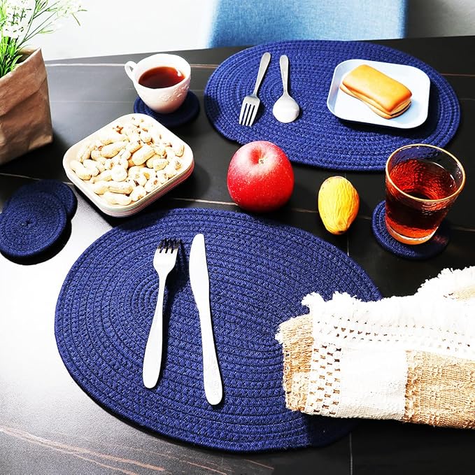 Braided Placemats Set of 6, Cotton Fabric Oval Table Mats Non Slip Washable 16 * 12 inch Oval Place Mats, 6 Pack Blue Woven Placemats