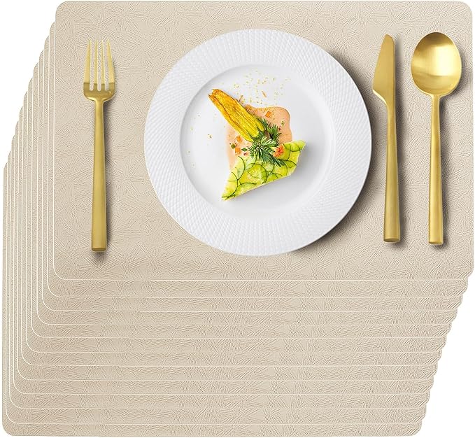 Vinyl Placemats Set of 12 Faux Leather 100% Waterproof Wipeable Washable Place Mats Heat Resistant Easy Clean Non-Slip Table Mats for Indoor Outdoor. (12,Beige)
