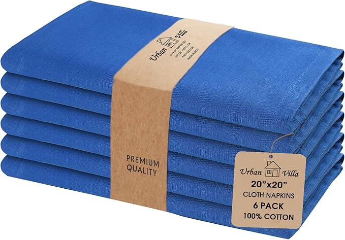 Urban Villa Dinner Napkins Solid Slub Set of 6 Royal Blue Color Premium Quality Dinner Napkins Size 20X20 in Cloth Napkins Cotton Cloth Napkins with Mitered Corners Ultra Soft DinnerNapkins
