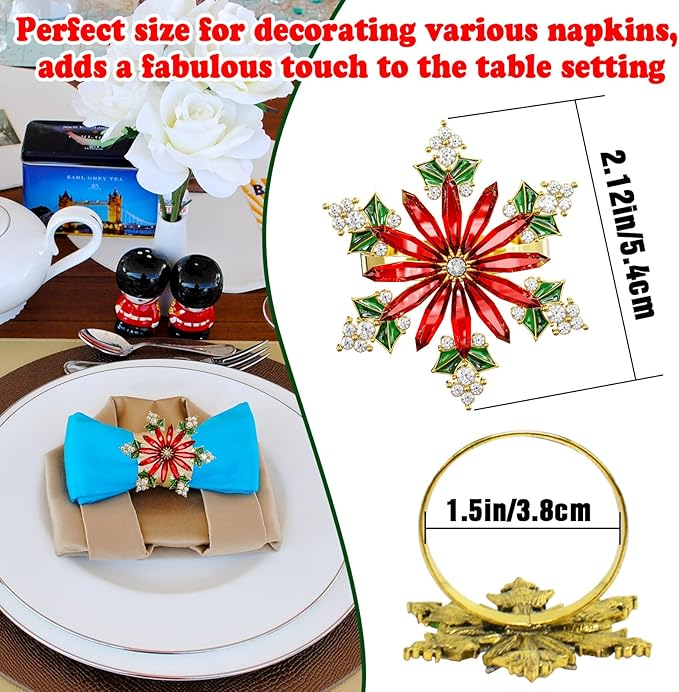 ZeeDix Christmas Crystal Snowflake Napkin Rings Set of 8- Rustic Dinner Tables Setting Decoration for Wedding Receptions, Christmas Holiday Party Dinner Parties