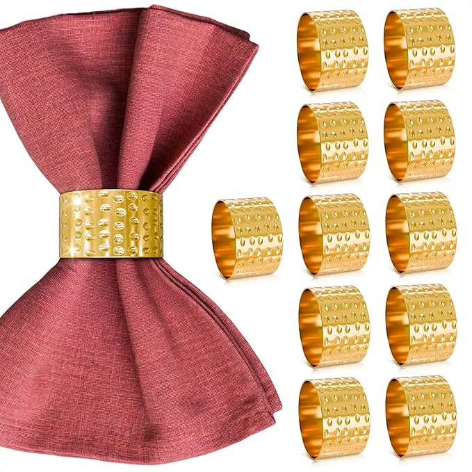 Valentine Hammered Gold Napkin Rings Set of 12 - Classic & Reusable Metal Napkin Ring Holders 1.8"x1.1" for Banquets, Weddings, Family and Holiday Gatherings, Gift Giving & Valentine Table Decoration