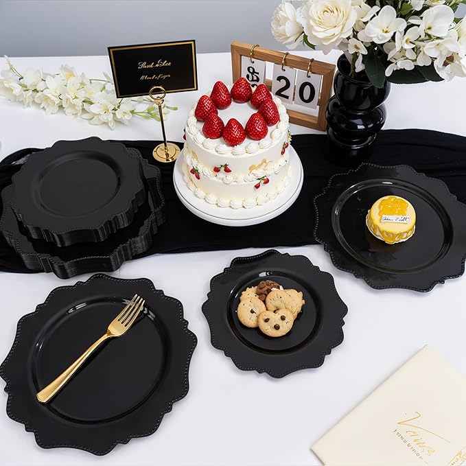 COLOSUS Black Plastic Plates Set,Heavy Duty Black Disposable Plates for 30 guests,Include 30PCS 10.5inch Dinner Plates and 30PCS 8.25 inch Dessert Plates for Party/Wedding/New Year/Birthday