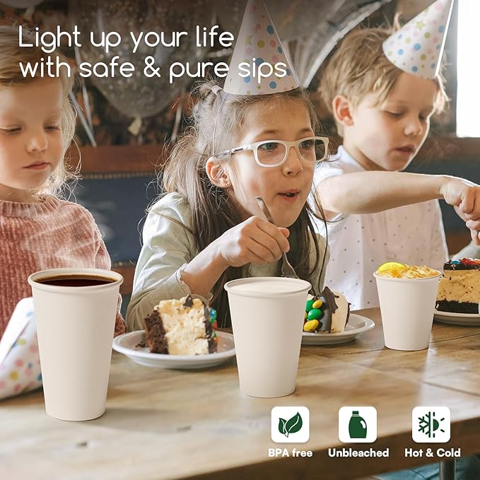 Small Paper Cups 8 oz Coffee Cups Disposable, 200 Pack Leak Proof Hot Cups, 300GSM Thickened White Disposable Cups, Unbleached Small Drink Cups for Everyday Office Coffee Bar Supply Party Essentials