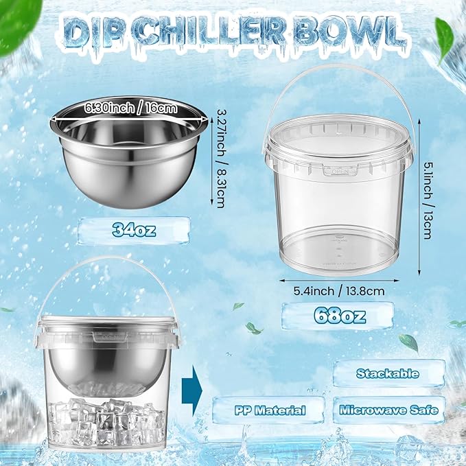 6 Set 34 oz Dip Chiller Bowl with 68 oz Ice Bowl Base with Handle, Stainless Steel Chilled Cold Serving Dish for Salads Dips Fruits Potato BBQ Outdoor Party Favor