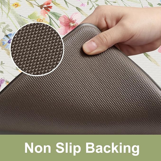 KIMODE Anti Fatigue Kitchen Mat for Floor, Farmhouse Floral Kitchen Rugs Sets of 2, Kitchen Floor Mats Non-Slip, Cushioned Standing Mat for Sink, Laundry, Desk, Home White 17"x47"+17"x29"