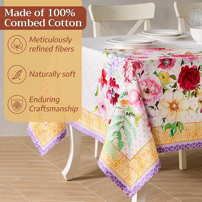 Maison d' Hermine Premium Table Cloth Rectangle Table 100% Combed Cotton 120 x 70 Inches Tablecloth Reusable Decorative for Dining Room, Farmhouse, Home, Party, Festive & Wedding - Summer Joy