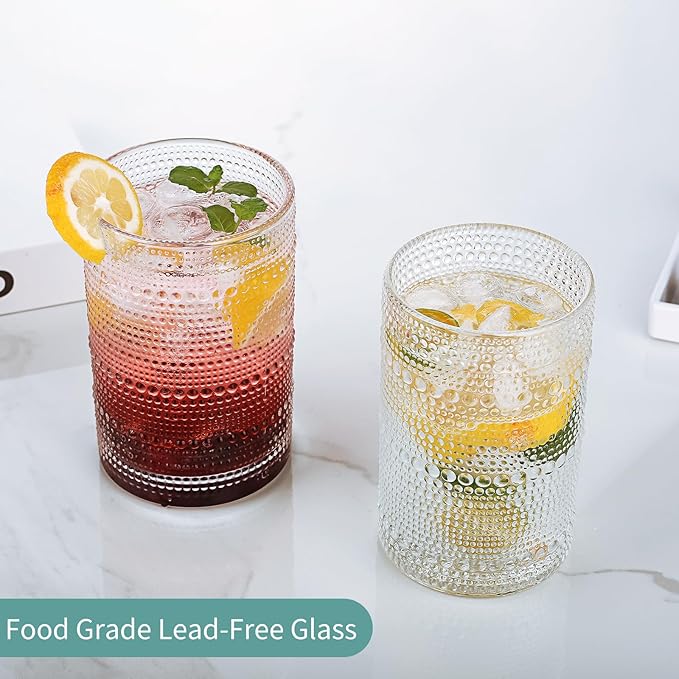 Hobnail Drinking Glasses Set of 2, 16 Oz Vintage Embossed Glass Cup Kitchen Glassware Water Tumblers for Cocktails, Beer, Juice, Whiskey
