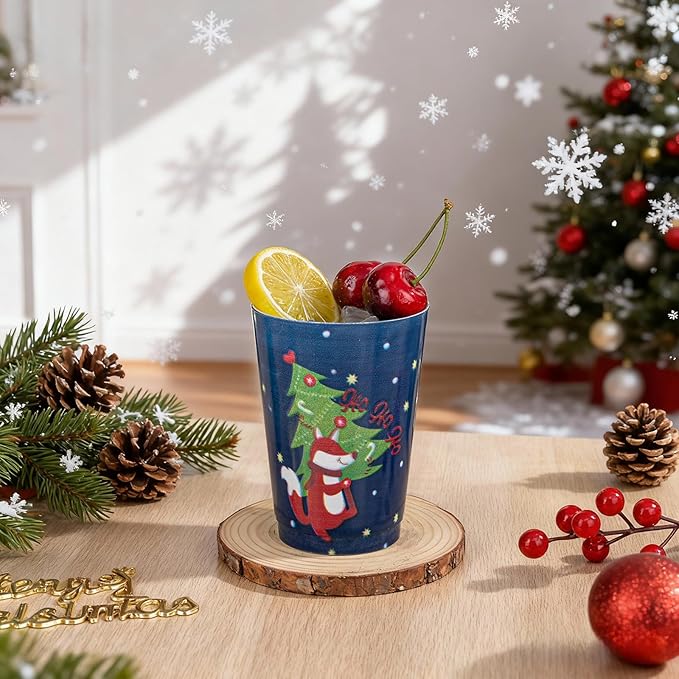 I00000 50Pcs 12oz Christmas Tree Design Christmas Plastic Cups, Premium Disposable Cups Cocktail Cup, Dark Blue Xmas Party Cup with Red Fox Design Pattern Design, Perfect for Xmas Party