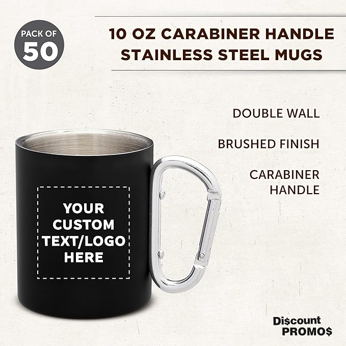 Custom Stainless Steel Mugs with Carabiner Handle 10 oz. Set of 50, Personalized Bulk Pack - Perfect for Coffee, Soda, Other Hot & Cold Beverages - Black