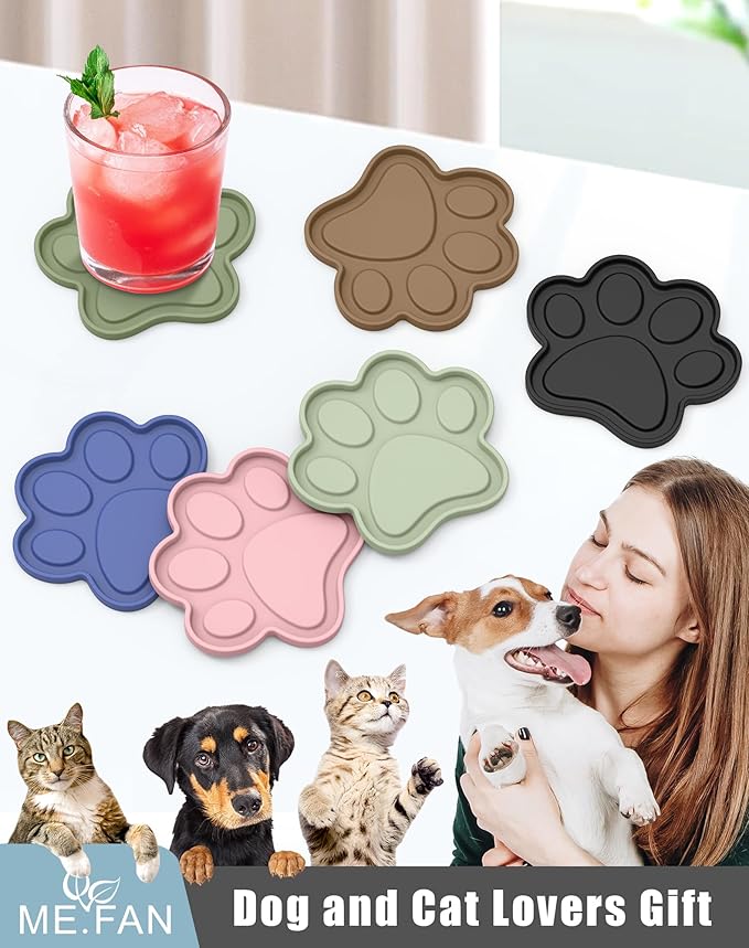ME.FAN Silicone Coasters 6 Pack Paw Cup Mat with Holder, Dog Cat Paw Shape, for Hot or Cold Drink, Non-Slip, Non-Stick, Room Decor, Housewarming Deep Grey