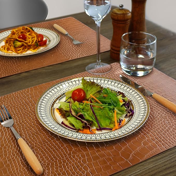 Jovono Faux Leather Placemats Set of 4, Waterproof Heat Resistant Dinner Place Mats for Dining Table, Non-Slip Crocodile Embossed, Brown (17.8x11.8 Inch)