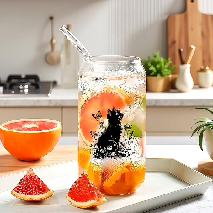 Cute Black Cat Glass Cup With Lids And Straws, Black Cat Gift For Women, Iced, Coffee, Smoothie, Cocktail, Beer, Whiskey, Soda, Matcha,16 Oz, Home Office Table Desk Decoration!