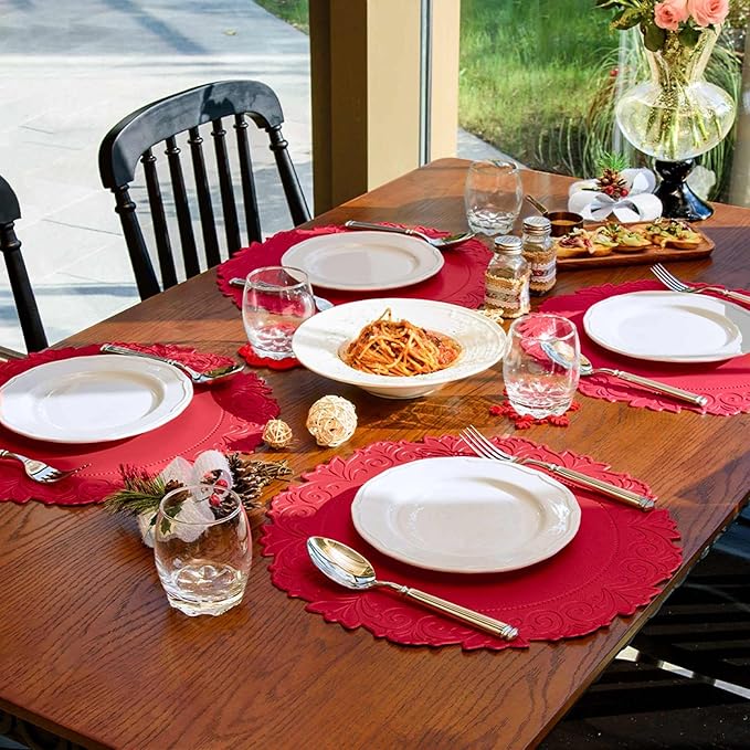Noctiflorous Round Faux Leather 15 Inch Placemats Set of 6 Waterproof Wipeable Heat Resistant Tablemat for Dining Table Kitchen Non Slip Washable Oilproof Table Place Mat(Holly Red, 6)