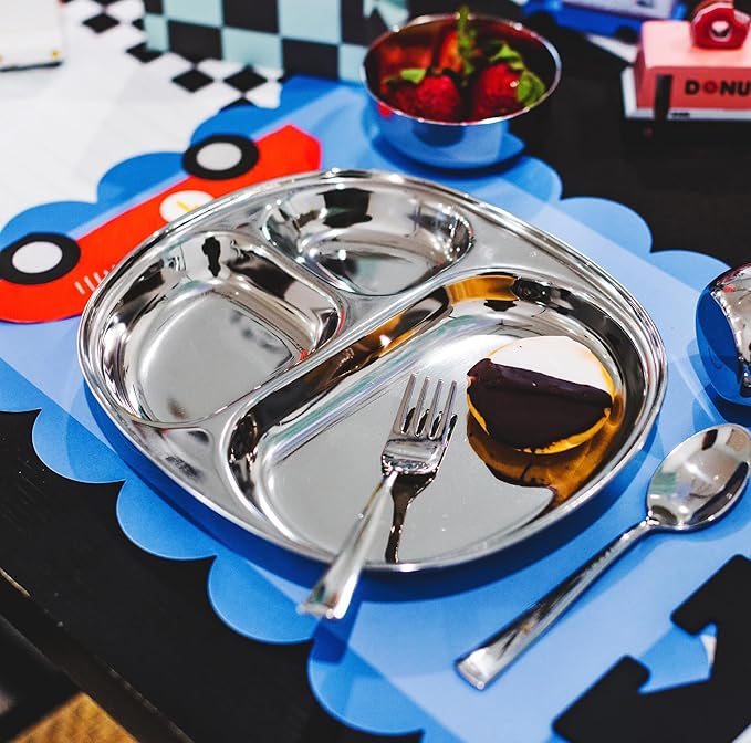 Ahimsa Stainless Steel Kids Plate, Pediatrician Designed Divided Toddler & Baby Plates, Non Toxic, Unbreakable & Dishwasher Safe, Polished