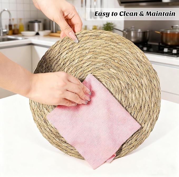 Elcoho 4 Pieces Round Woven Placemats 13.8 Inch Boho Rattan Placemats Farmhouse Braided Place Mats Woven Plate Chargers Rustic Wicker Table Mats for Dining Table