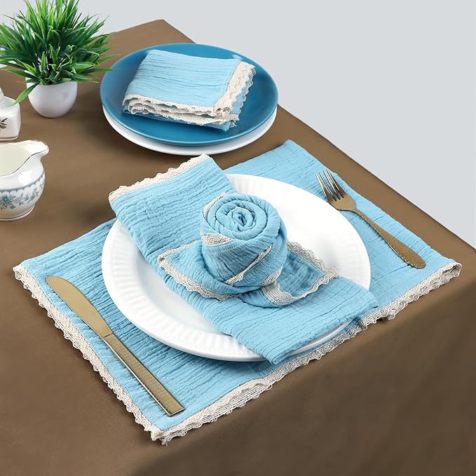 FINGERCRAFT Dinner Cloth Napkin Cotton Muslin Double Gauze 12 Pack with Classic Lace for Everyday Use, Wedding, Party, Christmas, Easter Napkins Cloth are Pre Shrunk and Good Absorbency Aqua Marine