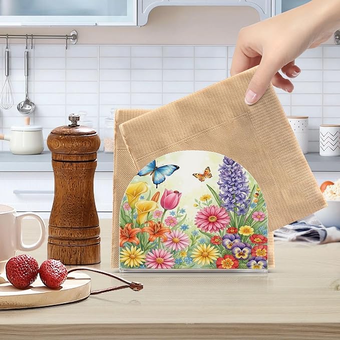 Spring Flowers Floral Napkin Holder for Table Kitchen Decor Acrylic Paper Napkin Holders for Tissue Dining Room Indoor Outdoor Party Holiday Accessories