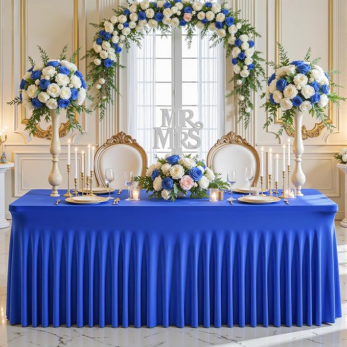 Wish Care 6 Pack Royal Blue Spandex Table Clothes for 6 Foot Rectangle Tables, 6FT Wrinkle Free Fitted Tablecloths Ruffles Design Table Cloth for Party, Banquet, Wedding and Events