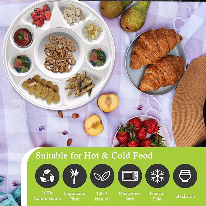 three leaf 9 Compartment Bagasse Round Plate, 200 Ct. Heavy-Duty- Super Strong- Natural- Eco-Friendly Disposable Bagasse Plates, 100% Biodegradable