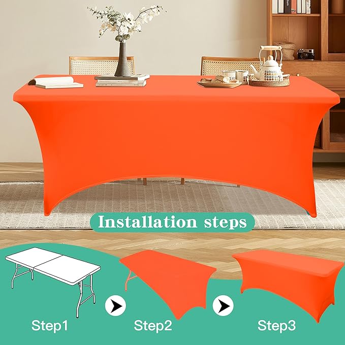 2Pack 8FT Table Cloth for Rectangular Fitted Events Stretch Orange Table Covers Washable Spandex Tablecloth Protector for Party, Wedding, Cocktail, Banquet, Festival