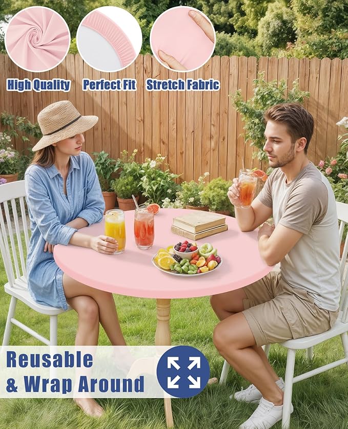 Round Spandex Valentines Day Tablecloth, Elastic Fitted Waterproof Tablecloths for 25"-30" Tables, Stretch Washable Picnic Table Cover for Camping, Dining, Indoor and Outdoor, Pink