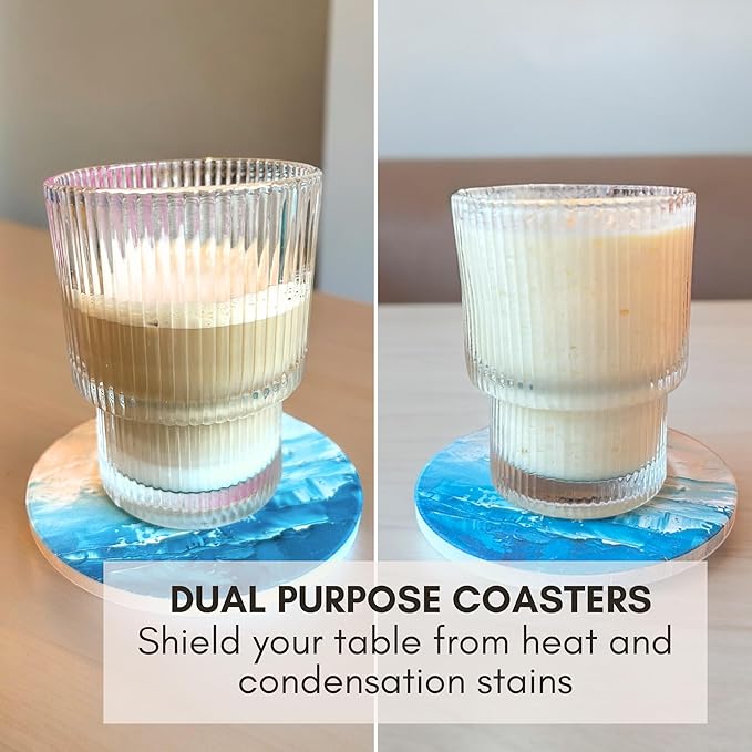 Ceramic Absorbent Coasters Set of 6 with Holder, Marble Drink Coasters for Coffee Table, Water-Absorbing Stone Coasters (Blue Waves Design)