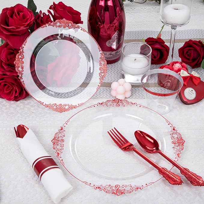 Hioasis 350pcs Clear and Red Plates - Red Party Plates for 50 Guest, Include 100 Heavy-duty Plates(20% Thicker Than Standard), 50 Pre Rolled Gold Plastic Silverware Set, 50 Cups