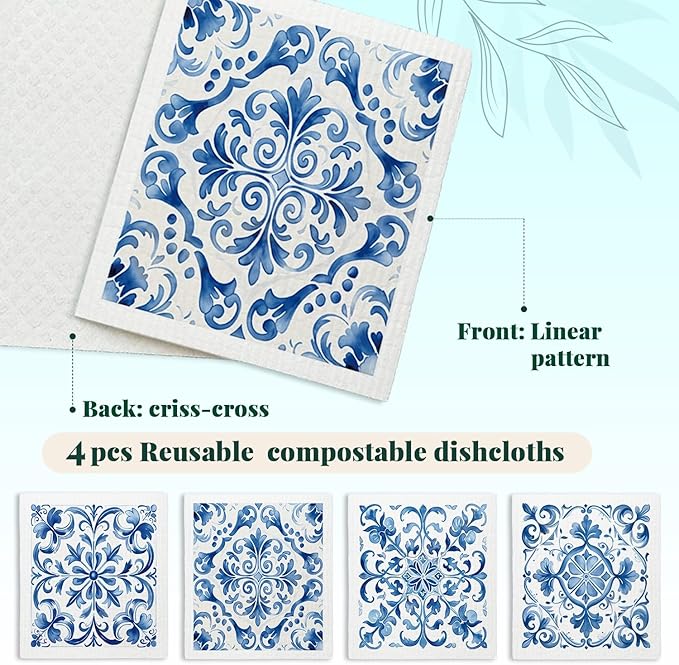 Swedish Dishcloths for Kitchen, Vintage Blue Floral Swedish DishCloths, Papaya Reusable Paper Towels Washable, 4 Pcs Dish Towels for Kitchen Party Home Housewarming Cleaning Cloths