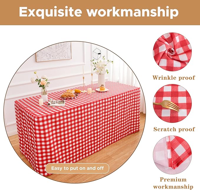 HolidayIdeas Fitted Checkered Picnic Tablecloths for 6 Foot Tables - 72 x 30 Inch - 2 Pack Rectangle Buffalo Plaid Table Cover for Parties, Outdoor Decor, Trade Show (Red and White)