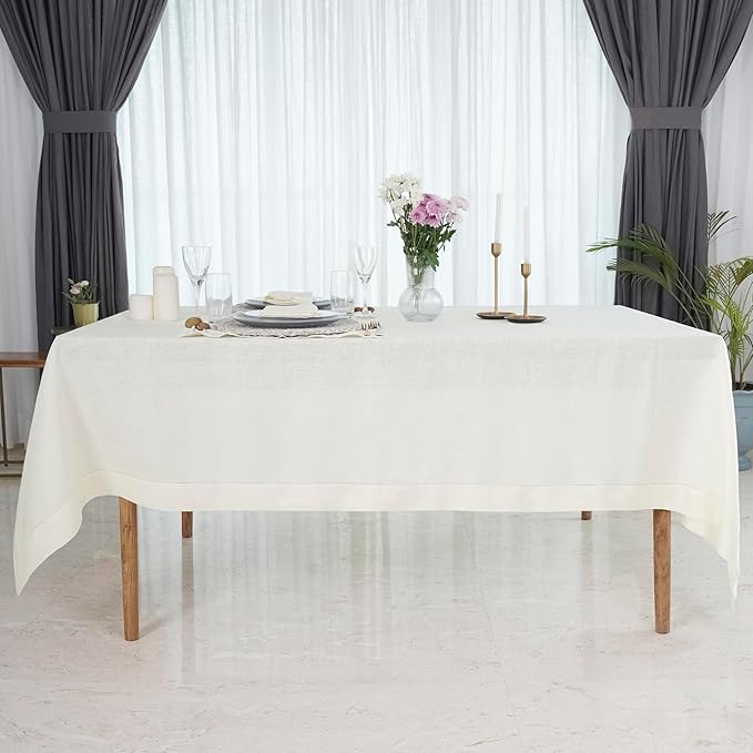 D'Moksha Homes Ivory Linen Tablecloth 60 x 120 Inch - 100% Pure Linen Hemstitch Tablecloth for Rectangle Tables - Classic Hemstitch, Machine Washable Table Cloth for Valentines, Spring, Easter
