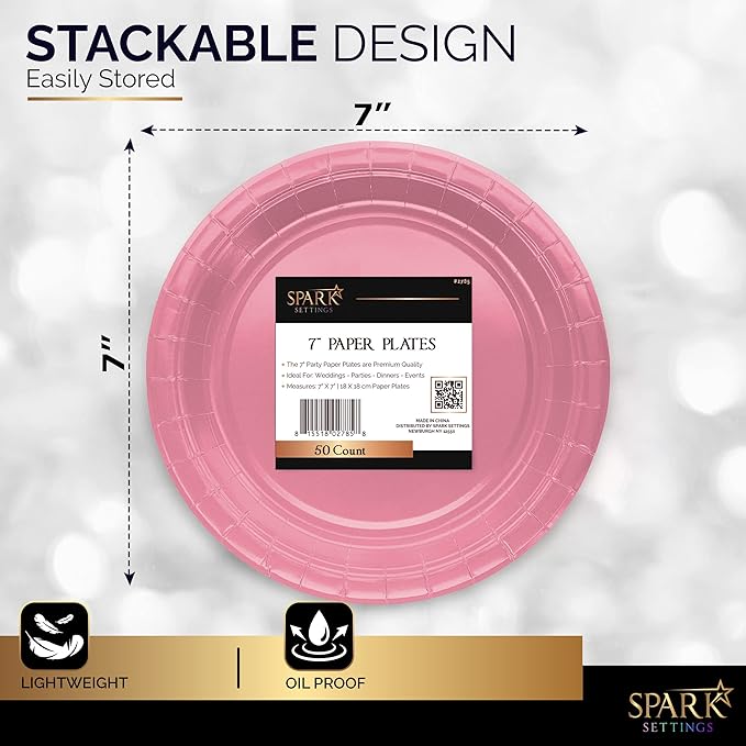 Disposable Paper Plates Pink, 7 Inch Paper Dessert Plates, Strong and Sturdy Disposable Plate for Party, Dinner, Holiday, Picnic, or Travel Party Plate, Pack of 50