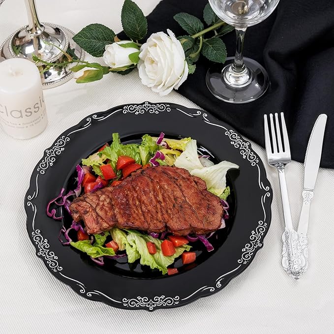 DaYammi 60PCS Black and Silver Plastic Plates, Heavy Duty Black and Silver Disposable Plates Premium 10inch Dinner Plate Hard Plastic Plate Disposable for Party and Wedding