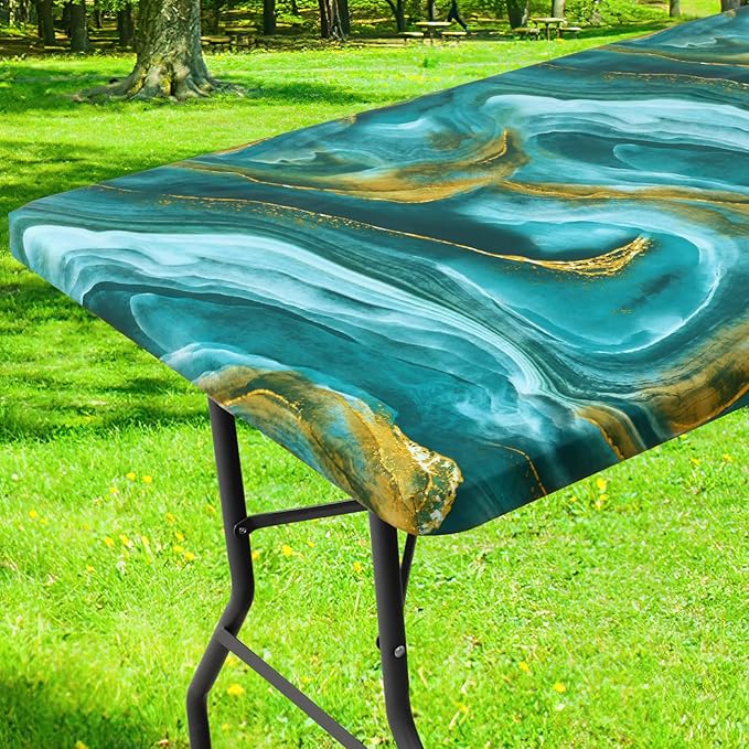 Smiry Rectangle Table Cloth Cover, Waterproof Elastic Fitted Picnic Tablecloth for 6 Foot Tables, Wipeable Flannel Backed Vinyl Tablecloths for Camping, Dining, Outdoor (Teal & Gold, 30" x 72")