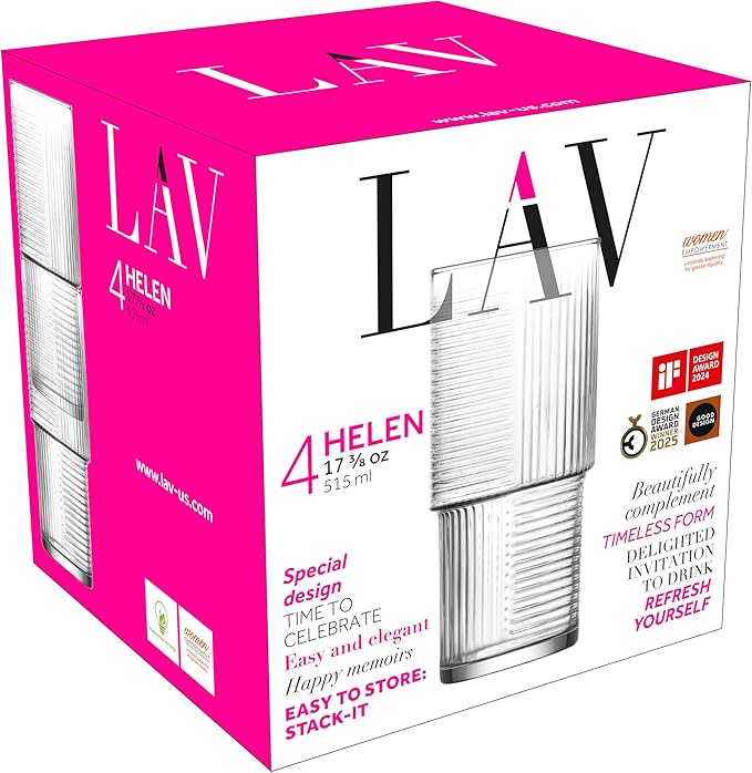 LAV Vintage Soft Drink Glass Set of 4-17.4 oz Ribbed Highball, Iced Tea, Iced Coffee, Water, Milk, Mocktails, Cold Brew, Durable, Lead-Free, Eco-Friendly Glassware, Home, Bar - Aesthetic, Elegant