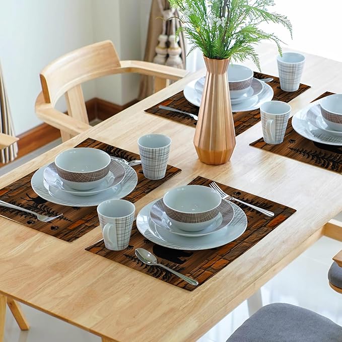 Rustic Placemats - Brown Cabin Bear Place Mats Set of 4 Country Moose Wooden Tablemats 12x18 for Dining Kitchen Farmhouse