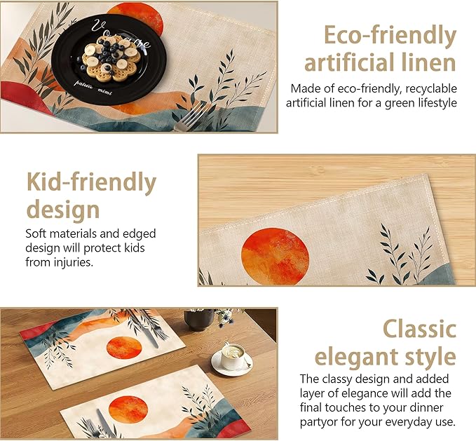 Mid Century Table Placemats Set of 6, Waterproof Linen Fabric, Non-Slip Backing & Easy Clean, Elegant Dining Table Protectors for Family and Guests(Abstract Sun)
