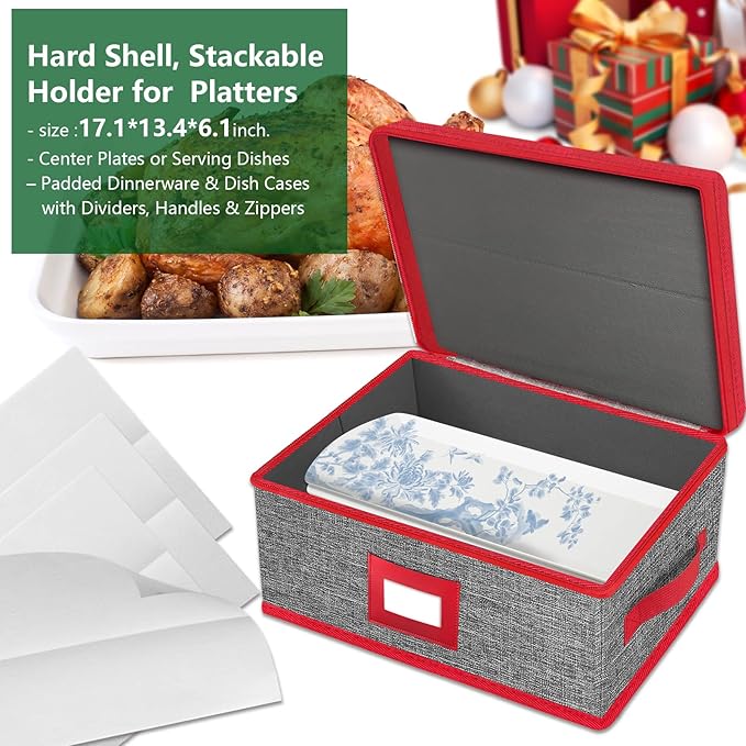 VERONLY Christmas Platter Storage Case - Plate Storage Containers, Stackable China Storage Containers Hard Shell,4 Felt Dividers Included for Dish,Plate, Dinnerware and Transport,Gray and Red