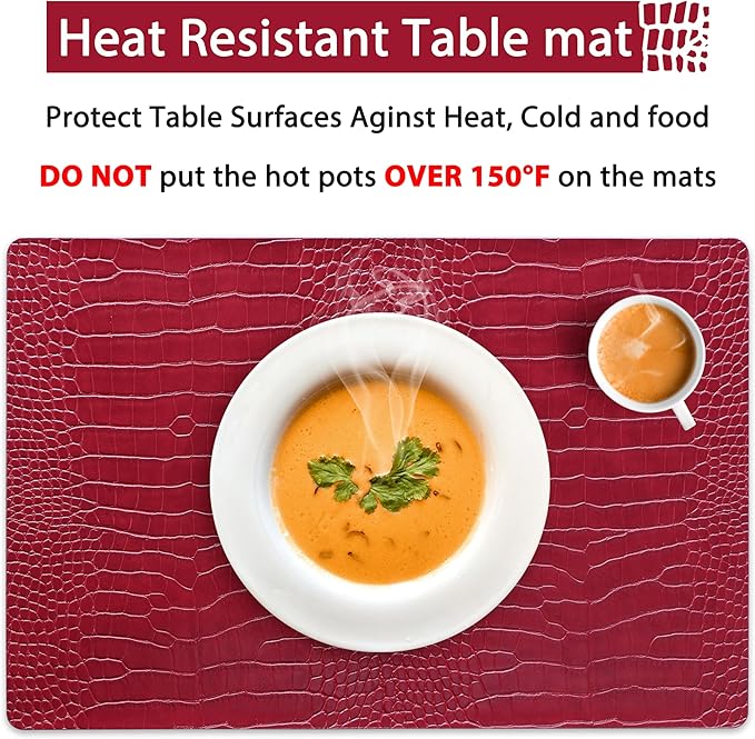Jovono Faux Leather Placemats Set of 6, Waterproof Heat Resistant Dinner Place Mats for Dining Table, Non-Slip Crocodile Embossed, Red (17.8x11.8 Inch)
