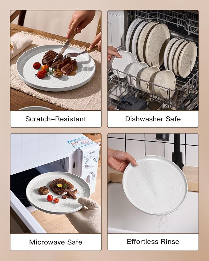 Plates and Bowls Sets for 6 (18-Piece) Stoneware Reactive Glaze Dinnerware with Speckles & Spirals, Chip and Scratch Resistant Flared Dishes Set with Gift Box, Microwave Dishwasher Safe, White