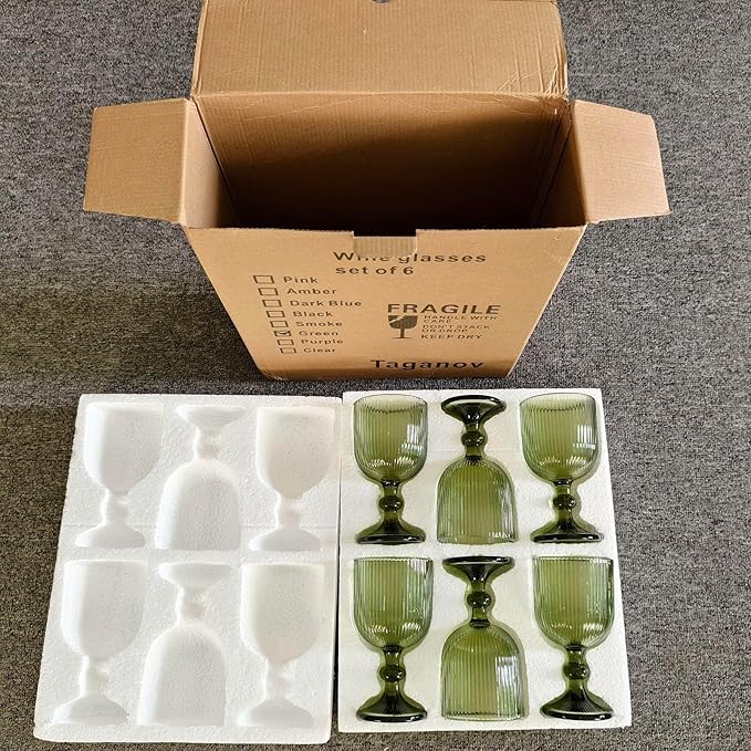 Green Drinking Glasses set of 6 Big Wine Goblets Vintage Colored Glassware 13 oz for Wedding Party Bar Vertical Line Embossed Pattern Stemmed Cups 400ml