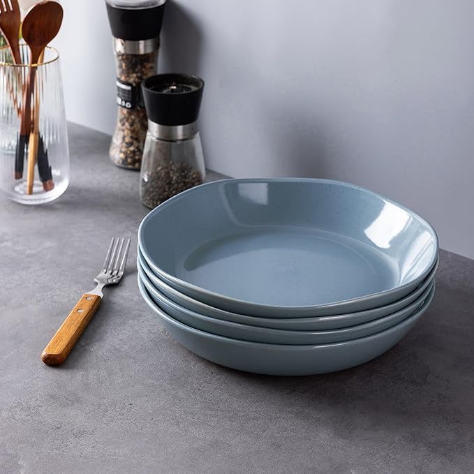 AmorArc 9.5'' Ceramic Large Pasta Bowls, 38oz Handpainted Stoneware Bowls Set of 4, Microwave&Dishwasher Safe Bowls with Wavy Rim&Rustic Terracotta Underside for Fruit Pasta Salad, Stone Blue